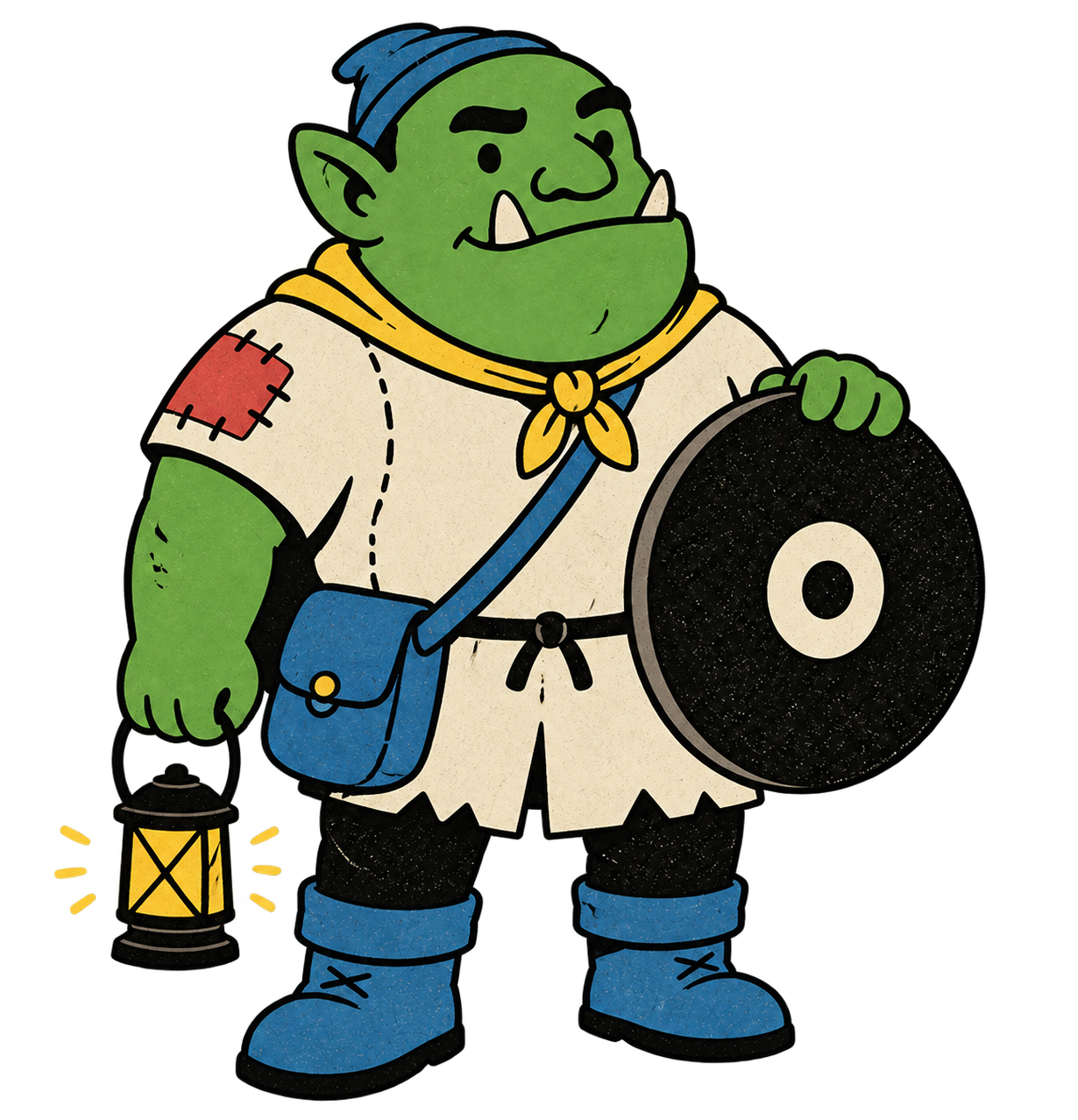 The Disk Orc, a friendly green scout with a lantern and a round black disk shield