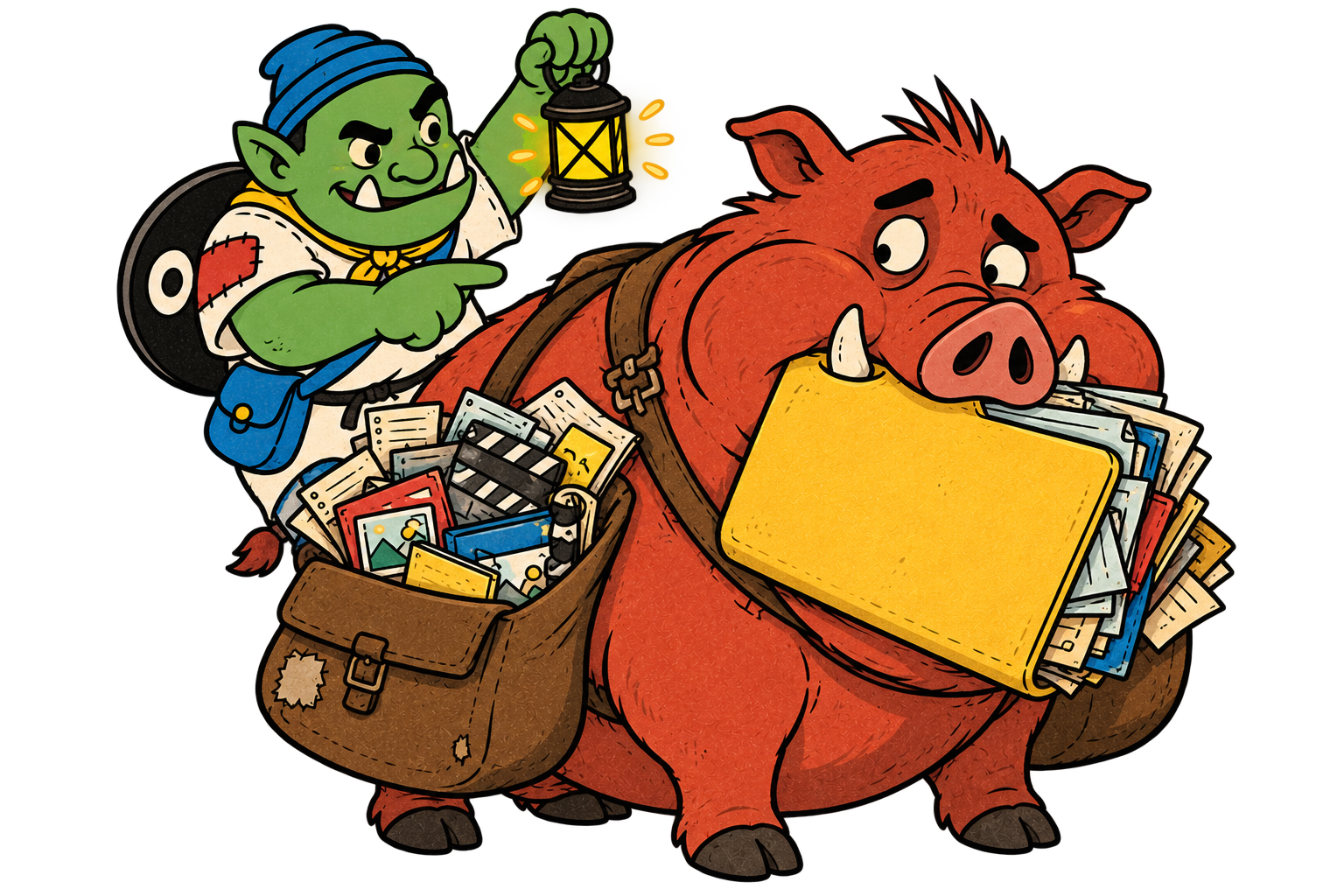 Disk Orc points triumphantly at a guilty Space Hog caught carrying an overflowing folder